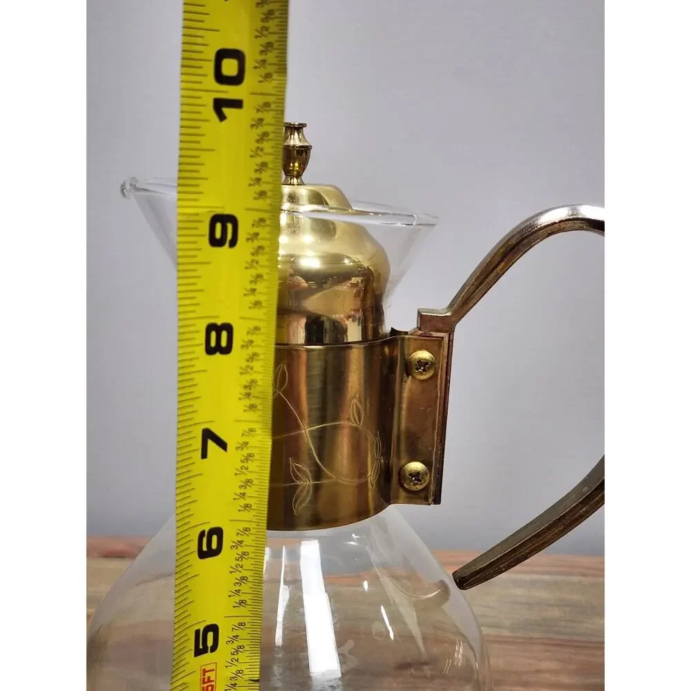 Vintage MCM Brass & Glass Coffee/Tea Carafe Warmer Stand Etched